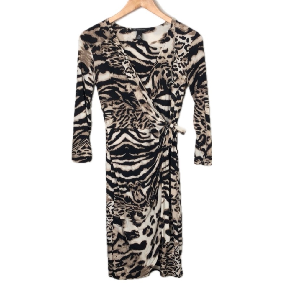 Y2K 2000’s INC Animal Print Leopard Tiger Zebra Safari Stretch Knit‎ Wrap Dress